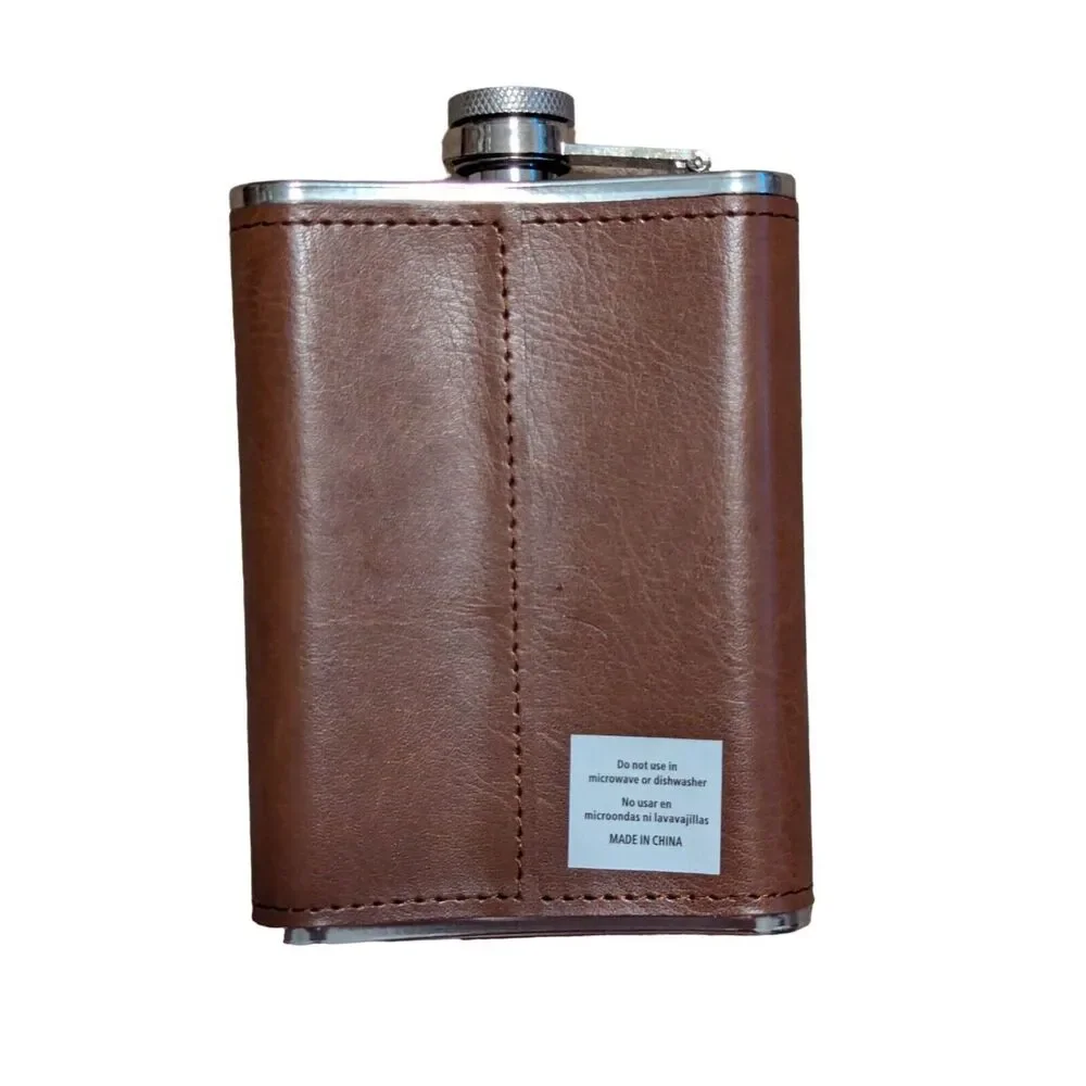 Dad The Man Myth Flask Stainless Steel Embossed Brown Faux Leather Wrap 8oz Gift